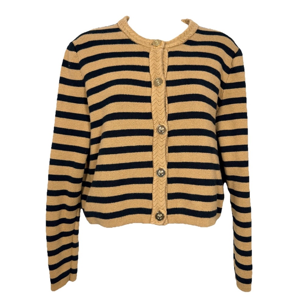 J.Crew Emilie Lady Jacket Womens M Black Camel Stripe Cotton Cardigan Old Money